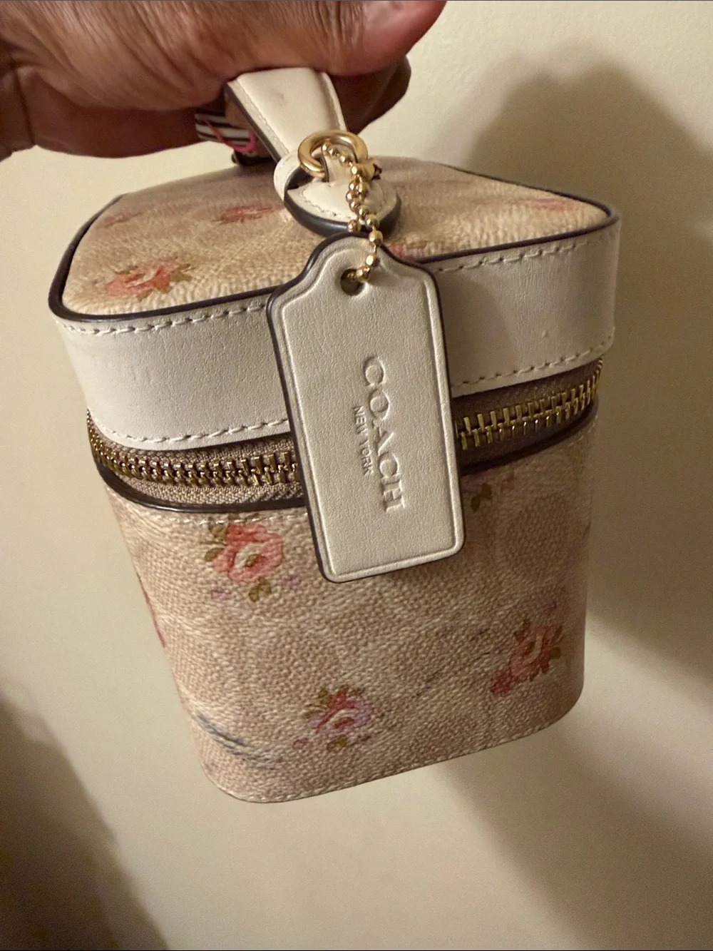 COACH Cream Floral Signature Vanity Case with Pink Roses